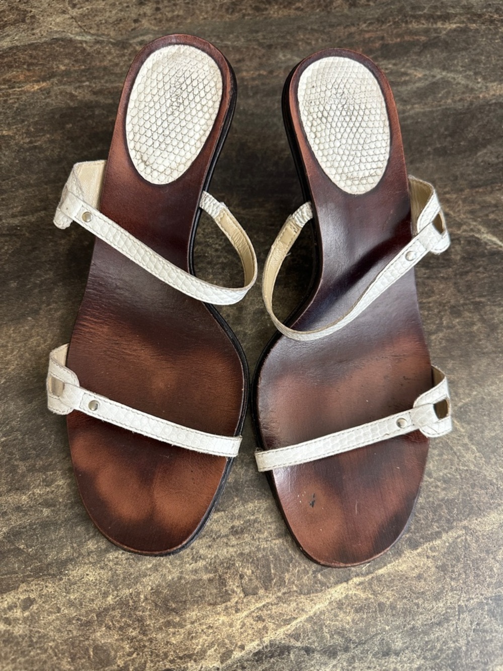 Ann Taylor White Strappy Leather Slide Sandals with Brown Footbed